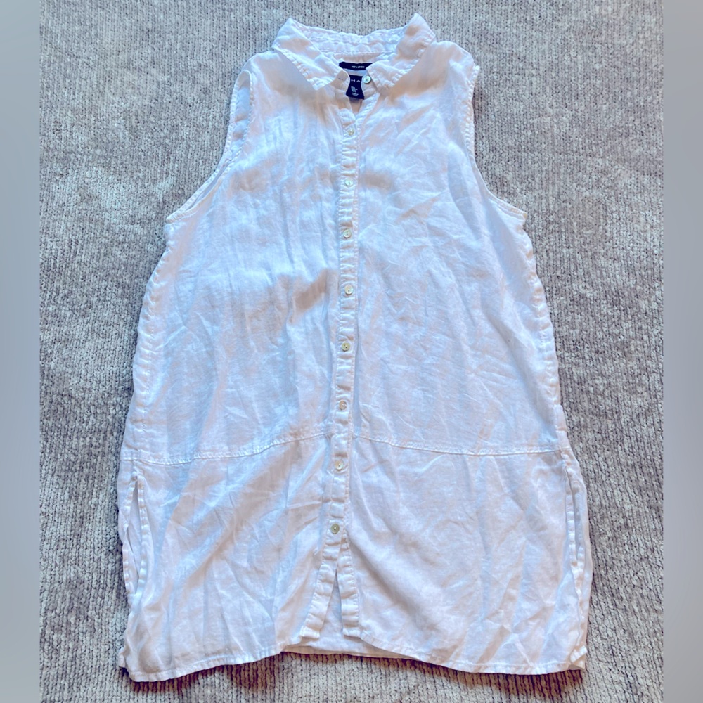 Tahari 100% Linen Sleeveless Tunic‎ Button Down Shirt White Size Large